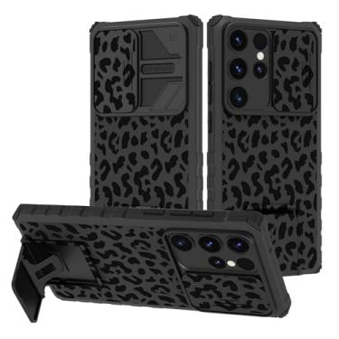 Imagem de Bonoma Capa para Samsung Galaxy S24 Ultra de 6,8 polegadas com capa de câmera deslizante, suporte ajustável Militray resistente, à prova de choque, capa protetora de corpo inteiro, leopardo preto