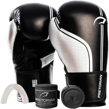 Imagem de Kit Luva de Boxe Muay Thai Kickboxing First FX1 Pretorian + Bandagem + Protetor Bucal - Escolha o seu Modelo (Preto e Prata, 10oz)