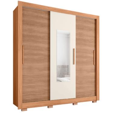 Imagem de Guarda Roupas Casal com Espelho Ripado impressão 3D 3 Portas de Correr 2 Gavetas Paris Caemmun Madeir/Off