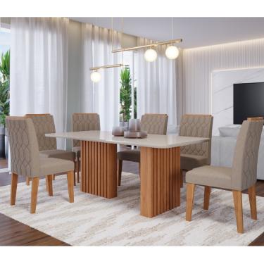 Imagem de Conjunto Sala de Jantar Mesa Ester 180cm 6 Cadeiras Carla em MDF Cimol - Cinamomo/Off White/Linho Bege