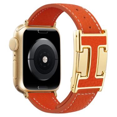 Imagem de JSGJMY Pulseira magnética de couro compatível com Apple Watch 38 mm, 40 mm, 41 mm, 42 mm, 44 mm, 45 mm, 46 mm e 49 mm, para mulheres e homens, pulseira de substituição de couro de grão superior para