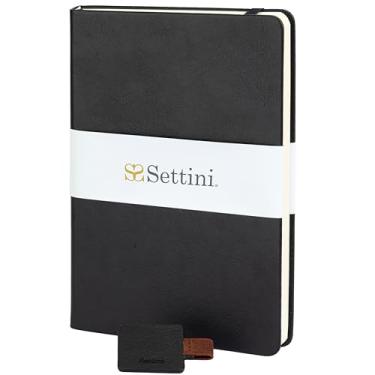 Imagem de SETTINI Caderno pautado – Diário de capa dura premium – 120 g/m², papel pautado, A5, couro vegano, 192 páginas, suporte para caneta | caixa de presente (ônix preto)