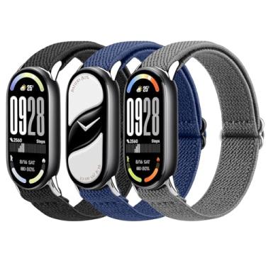 Imagem de Pulseiras elásticas compatíveis com Xiaomi Smart Band 10/9/8 para mulheres e homens, pulseira de substituição esportiva de nylon elástico macio ajustável para Xiaomi Mi Band 10/9/8 (preto + azul