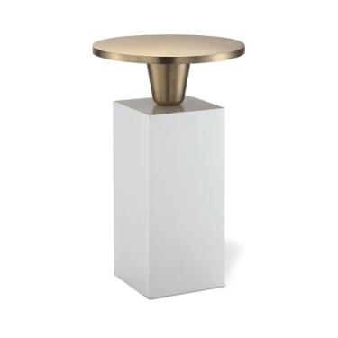 Imagem de Mesa lateral moderna Aletta – Mesa de canto redonda de latão e branco com base de madeira – elegante mesa de metal para sala de estar, quarto ou escritório – Grande (45 x 61 cm)