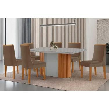 Imagem de Conjunto Sala de Jantar Pilar c/ Tampo Madeirado c/ Vidro Canto Curvo 180x90cm e 6 Cadeiras Dakota Madeira Maciça Naturale/Off White - Capuccino/Suede