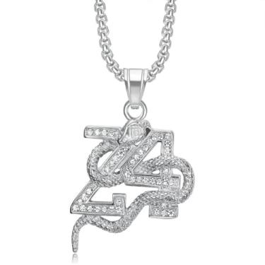 Imagem de Colar masculino com pingente de cobra número 24 de aço inoxidável – Colar com corrente de 60 cm com números esportivos hip hop, joia legal estilo rapper basquete, Aço inoxidável, Sem Pedra Preciosa
