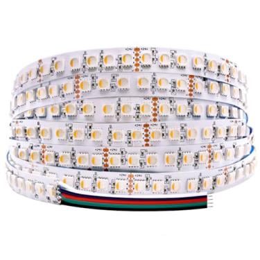 Imagem de Fita de luz LED RGBW 4 em 1 de 24 volts RGBW + branco quente, 5 m/16,4 pés densos 600 LEDs alto lúmen 5050 10 mm fita de LED flexível cortável dobrável para quarto e teto (RGB + 3000K, PCB branco IP20