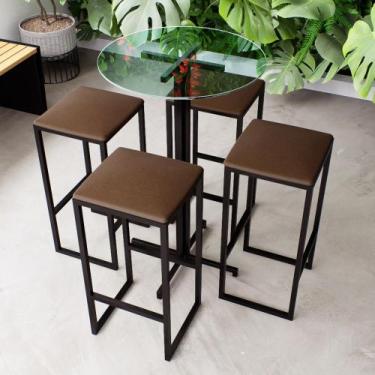 Imagem de Conjunto Mesa Alta Bar Bistrô Redonda Vidro 4 Bancos Estofado Industri