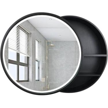 Imagem de Espelho Redondo De Parede De Madeira Maciça Para Banheiro Com Tira De Luz Led Armário De Armazenamento Montado Na Parede, Black, 50cm(20inches)