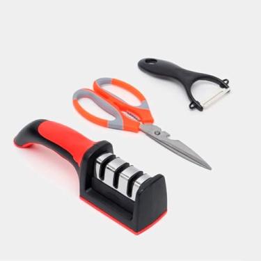 Imagem de Kit de Cozinha 3 Peças – Amolador de Facas 3 Estágios, Tesoura Multiuso Inox 21cm e Descascador de Legumes | Praticidade e Durabilidade