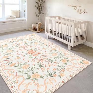 Imagem de YesRug Tapete floral laranja 12 x 18 cm, tapetes laváveis para quarto, sala de estar, cabeceira, cozinha, sala de jantar, quarto de crianças, escritório, sala de jogos, decoração de casa de fazenda