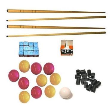 Imagem de Kit4 Taco1,30+ Giz Azul+ Branco+ Bola Mxm+20 Ponteira Sinuca - Tacolân