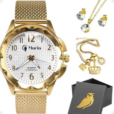 Imagem de Relogio Aço Inox Banhado Feminino + Caixa + Colar Pulseira autêntico Presente Silicone Social Coruja