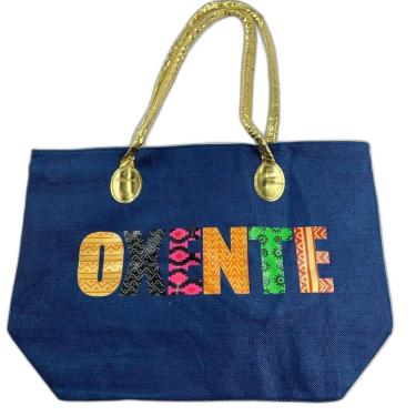 Imagem de Bolsa De Praia Palha Feminina Com Zíper De Ombro Oxente Sacola Ecobag Tote Juta Com Alça Dourada azul