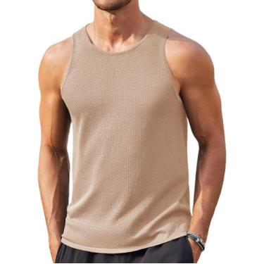 Imagem de Camiseta regata masculina casual de verão sem mangas, praia, cáqui - C