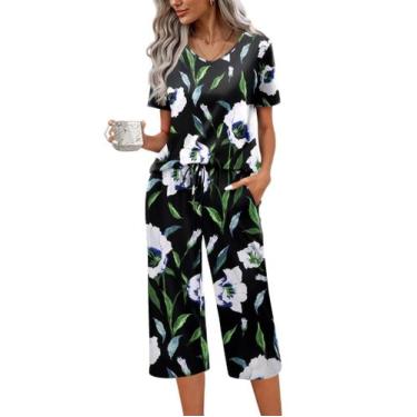 Imagem de Conjunto de pijama feminino Ekouaer de manga curta de algodão com calç