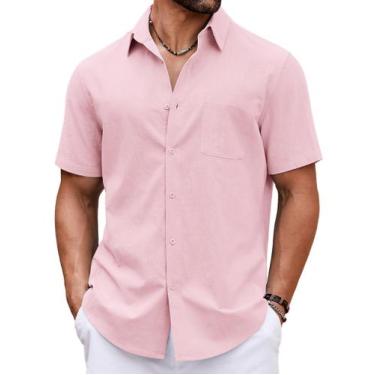 Imagem de Camisa casual COOFANDY de manga curta com botões para homens rosa