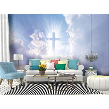 Imagem de Mural de parede cruz cristã parece brilhante no céu céu e nuvens estoque papel de parede autoadesivo papel de parede grande adesivo de parede removível rolo de filme de vinil prateleira papel