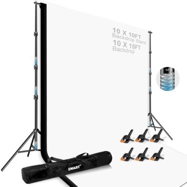 Imagem de EMART Sistema de suporte de pano de fundo de 3 m x 3 m, kit de iluminação profissional para fotografia, 3 x 4,5 m, fundo preto/branco, sistema de fundos de fotografia para estúdio, retrato e filmagem