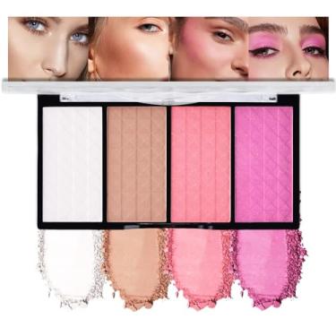 Imagem de HHLTOH Paleta de blush em pó fosco, paleta facial de 4 cores com iluminador branco, contorno marrom, blush rosa e rosa para bochechas, paleta de maquiagem natural duradoura para mulheres, paleta de