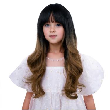 Imagem de Edivd Peruca infantil preta ombré loira para meninas, longa, preta a loira, com franja, ondulada, encaracolada, perucas sintéticas resistentes ao calor com touca