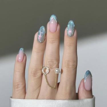 Imagem de Unhas de pressão de sereia em formato de amêndoa, design de concha 3D, unhas postiças francesas com glitter azul e verde com base nude, unhas postiças iridescentes brilhantes, kit de unhas postiças de