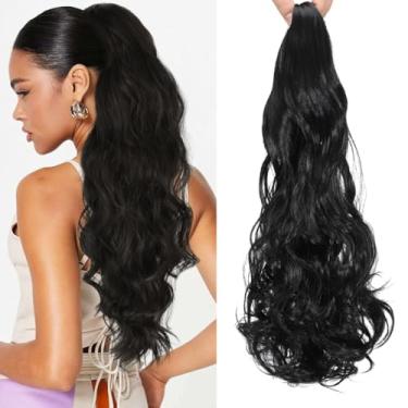 Imagem de HENSLEELY Extensão de rabo de cavalo ondulado com garra preta de 66 cm com clipe de rabo de cavalo longo encaracolado para mulheres peruca sintética fofa para uso diário (66 cm, preto)