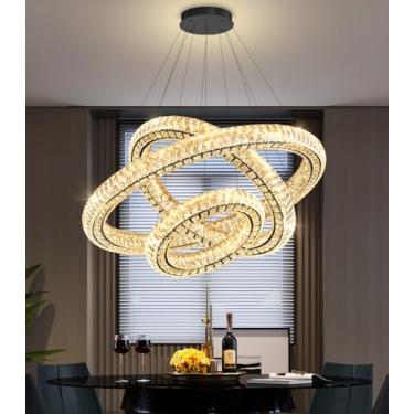 Imagem de AFQEJG Lustre de cristal moderno de 3 anéis, anel regulável, luz pendente de lustres redondos de cristal para sala de estar, sala de jantar, quarto, 81 cm, preto