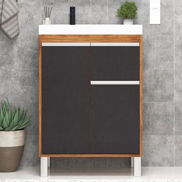 Imagem de Gabinete de Banheiro 60cm com Lavatório 2 Portas 1 Gaveta Soft Amêndoa/Grafite