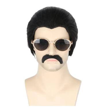 Imagem de Perucas masculinas LeMarnia, cabelo curto preto e bigode, perucas de discoteca para acessórios de fantasia de Halloween, perucas
