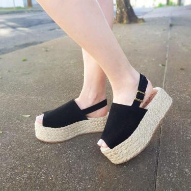 Imagem de Sandália Feminina Flatform Preta Camurça Suede Semi Fechada