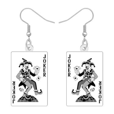 Imagem de LONYOO Brincos divertidos de palhaço de pôquer, brincos pendentes de cartas de baralho de acrílico, presentes de coringa para mulheres jogadoras de pôquer, roupas noturnas de cassino, acessórios de