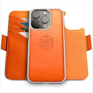Imagem de Capa Carteira Dreem Fibonacci p/iPhone 15 Pro, 2-em-1, case antichoque, couro vegano, capa removível, compatível com acessórios MagSafe. Proteção RFID. Design para homens e mulheres [Laranja]