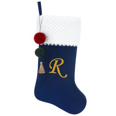 Imagem de Pxniy Meia de Natal de veludo personalizada de 49,5 cm com iniciais bordadas - meias para lareira, decoração de festa de Natal em família (azul R)