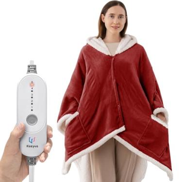Imagem de Kozyus Cobertor aquecido vestível, poncho elétrico de xale aquecido com capuz e bolsos para mulheres e homens, 5 configurações de calor, desligamento automático 3H, lavável na máquina, certificado ETL