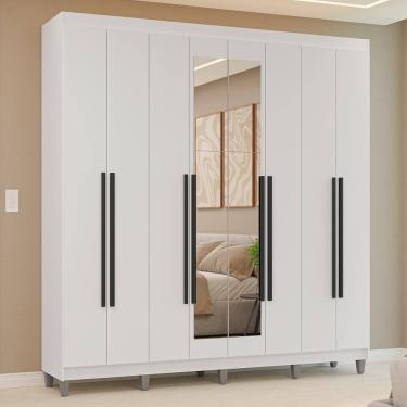 Imagem de Guarda-Roupa Casal com Pés 8 Portas Batentes com Espelho Branco/Branco/Preto Venus Madesa