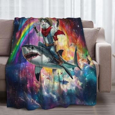 Imagem de Cobertor de lã cowboy gato montando tubarão 127 x 152 cm para sofá cama, cobertor de flanela de microfibra super macio e aconchegante leve para mulheres, homens e crianças