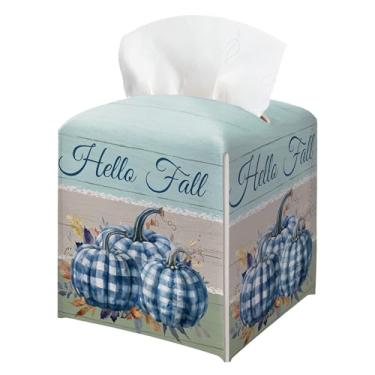Imagem de Porta-caixa de lenços de outono, abóboras azuis e brancas, capa quadrada de caixa de lenços de papel, organizador de papel facial, dispensador de papel higiênico para banheiro, cozinha, escritório
