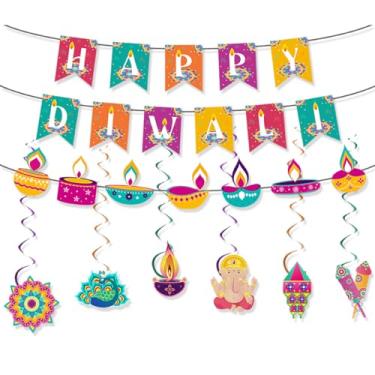 Imagem de KYMY Happy Diwali Banner Hanging Swirls Kit, Festival of Lights Ceiling Streamers with Diyas & Castle Cutouts, Deepavali Rangoli Hanging Decorations for Indian Hindu Themed Party Supplies Favors