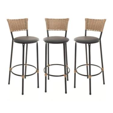 Imagem de KIT 3 Banquetas Tricô Náutico DOURADO Alta Bancada Balcão Cozinha Area