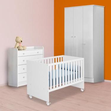 Imagem de Infantil Berço Retro, Guarda Roupa e Cômoda Trocador Branco - Qmovi