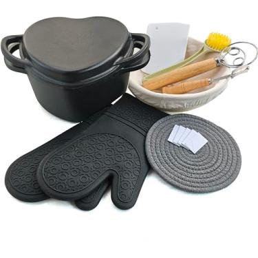 Imagem de Forno holandês de ferro fundido 2 em 1 em forma de coração com tampa conjunto antiaderente de alças duplas para assar em casa (conjunto de cesta à prova de pão em forma de coração)