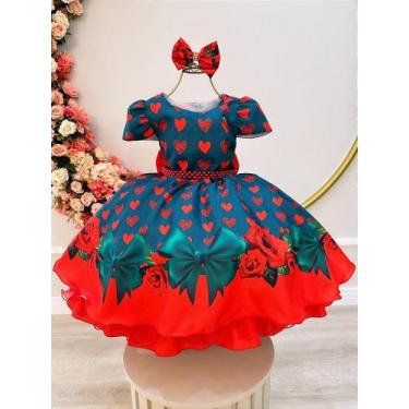Imagem de Vestido Infantil Verde com Corações e Rosas com Laço para Festas - Fab