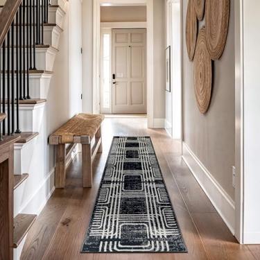 Imagem de Rugshop Tapete geométrico preto e branco – Linha curvada abstrata e tapete de padrão quadrado para sala de estar, quarto ou escritório – Decoração contemporânea de piso macio 7,6 cm x 20,5 cm, preto