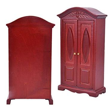 Imagem de SPYMINNPOO Casa de Bonecas Vintage, Guarda-roupa de Madeira, Mini Armário, Porta Dupla, Móveis para Bonecas Em Escala 1:12, Marrom, Vinho, Vermelho, Adequado para Entusiastas (Borgonha)