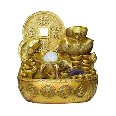 Imagem de XFNVXC Fonte decorativa interna dourada para mesa com bomba de água, decoração de interiores Feng Shui, fonte de cachoeira para escritório e casa, fonte de jardim ornamental para casa