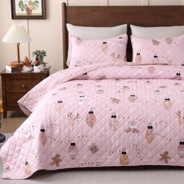 Imagem de Invoibler Conjunto de colcha de Natal Queen, conjunto de cama de 3 peças com 2 fronhas, colcha de cama masculina de gengibre e morango, edredom de microfibra macia sonhadora rosa 228 cm x 228 cm