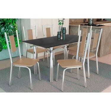 Imagem de Sala de Jantar Completa Elba Tampo Madeirado c/ Vidro 120cm e 6 Cadeiras Florença Cromada/Preto - Corano Capuccino - Kappesberg