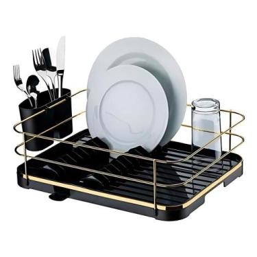 Imagem de Escorredor Secador De Louça Cozinha Porta Pratos Talheres Preto E Dour