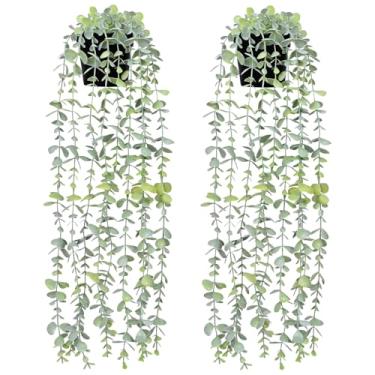 Imagem de Waipfaru 2 peças de plantas falsas penduradas com vaso verde claro folhas de eucalipto resistentes a UV trepadeiras falsas hera plantas artificiais ao ar livre plantas artificiais internas quarto sala